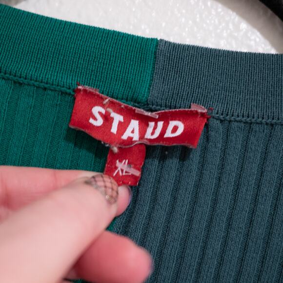 Staud Shoko Sweater Dress Fern Multi Green Colorblock Ribbed Duster Cardigan XL - Picture 5 of 6